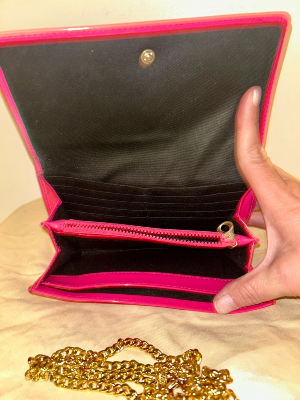 See By Chloé Patent Leather Wallet in Hot Pink with Aftermarket Gold Chain. - Picture 6 of 8